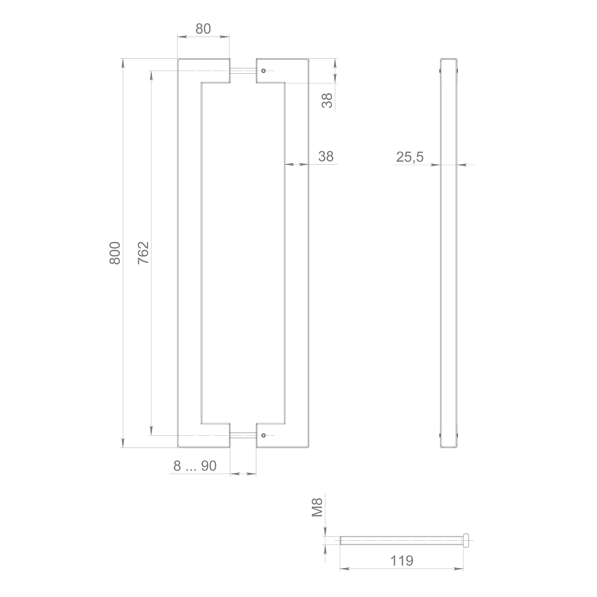 Ручка-скоба PULL.PH38/800.26 INOX 304 (PH-26-38/800-INOX) BLACK