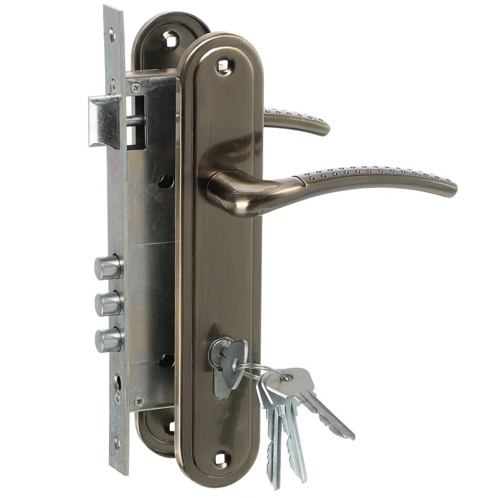 Замок врезной цилиндровый с защёлкой в комплекте с ручкой ЗВ4-85.27 (ант.бронза), 4 кл.