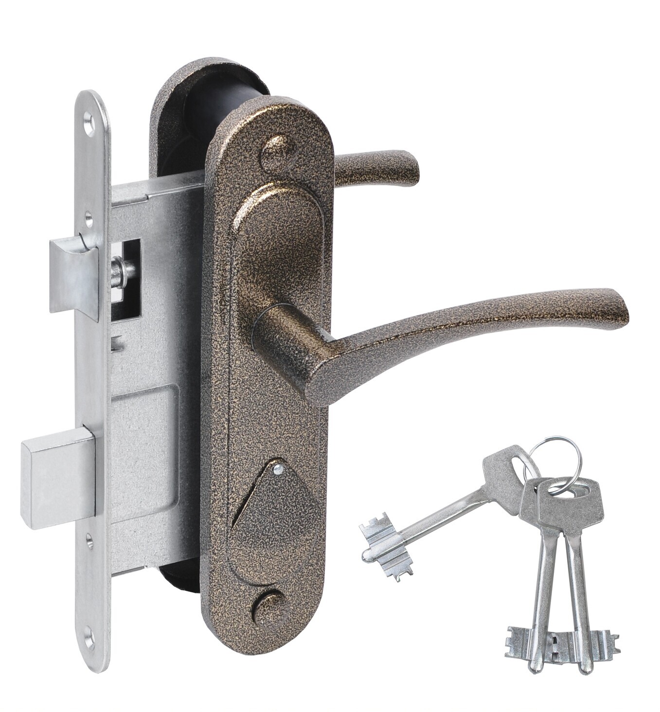 Замок врезной сувальдный с защёлкой в комплекте с ручкой ЗВ9.2-07 (бронза), 3 кл.